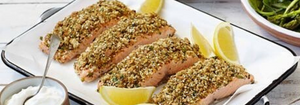 Baked Salmon Fillets with Dukkah Crust, Crispy Kale & Tzatziki